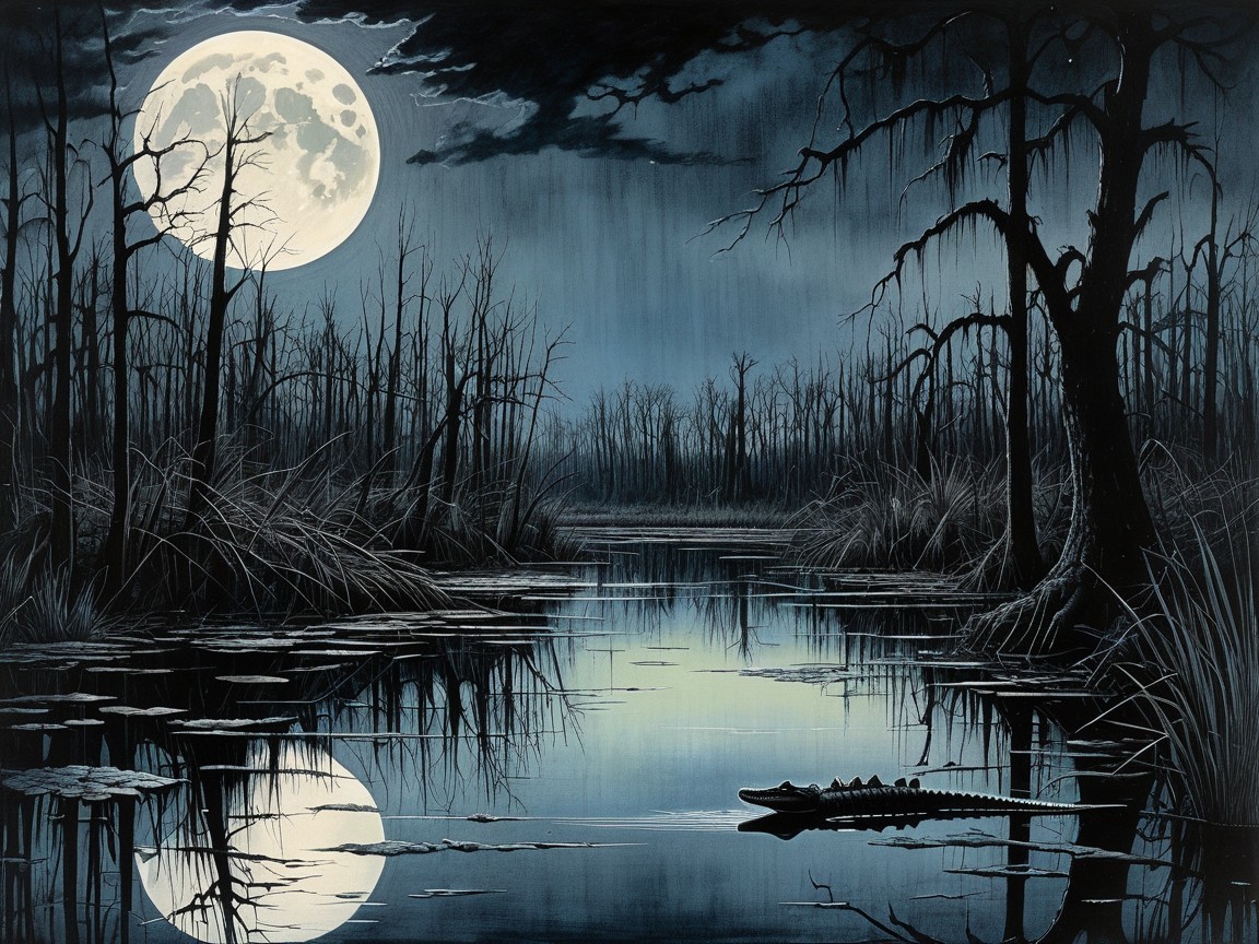Tranquil Swamp Scene Under Full Moonlight