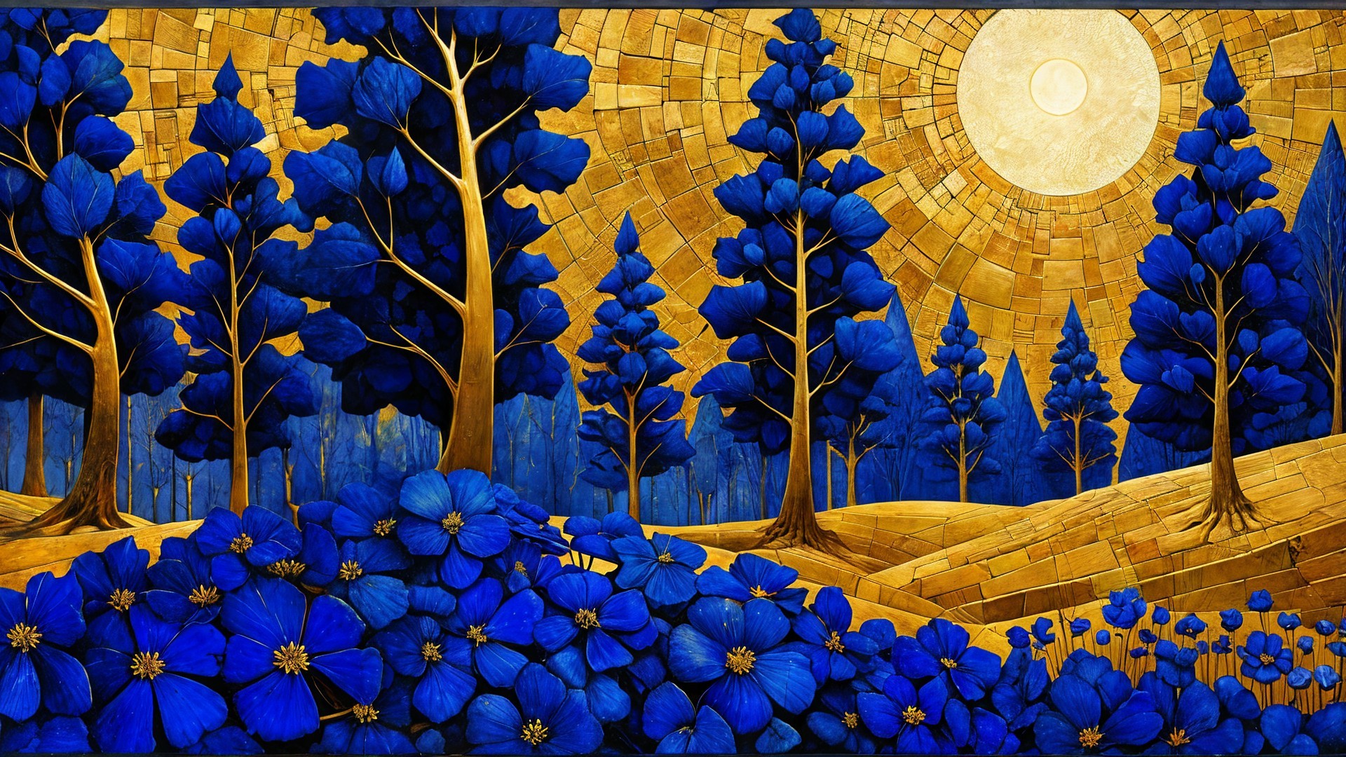 Serene Landscape with Vibrant Blues and Golden Hues