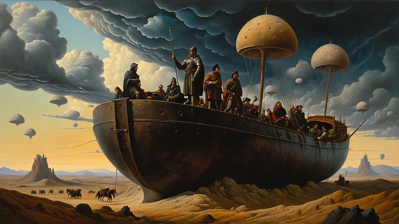 Massive Industrial Ship Over Desert Landscape with Airships