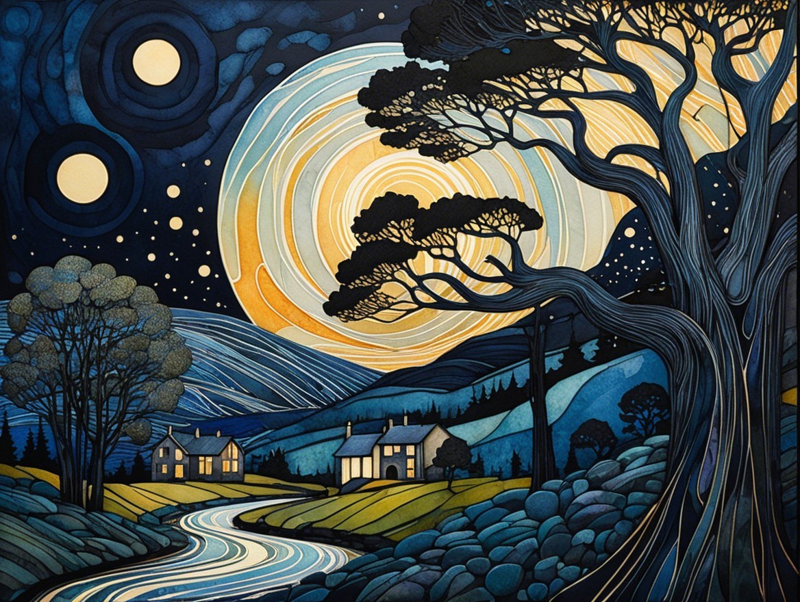 Stylized Night Landscape with River and Moonlight