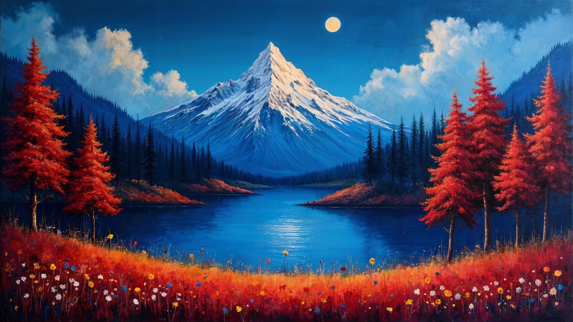 Vibrant Landscape with Snow-Capped Mountain and Lake