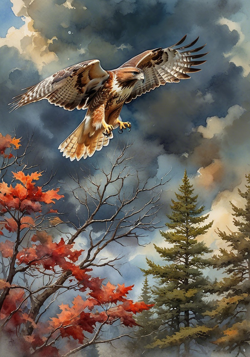 Hawk Soaring Over Autumn Foliage and Dramatic Sky
