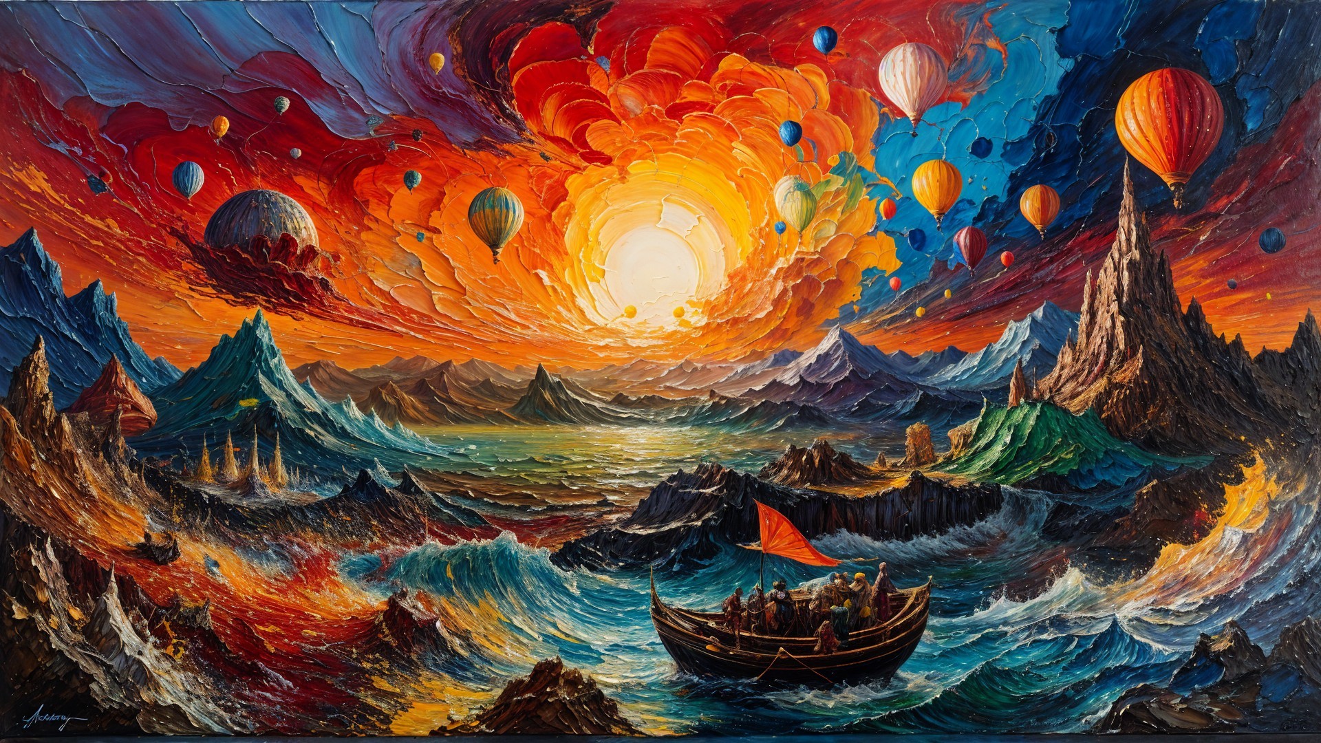 Surreal Landscape with Sunset and Hot Air Balloons