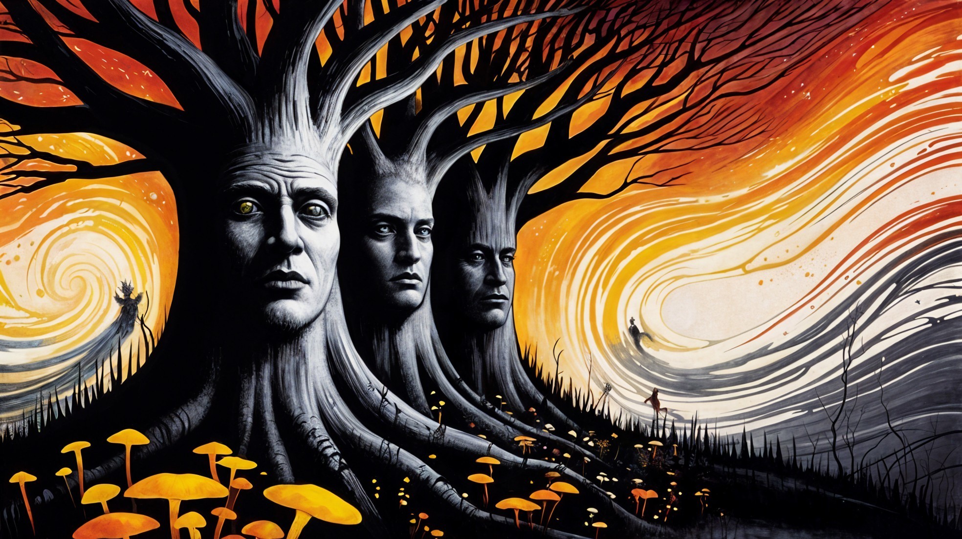 Stylized trees with human faces and vibrant mushrooms