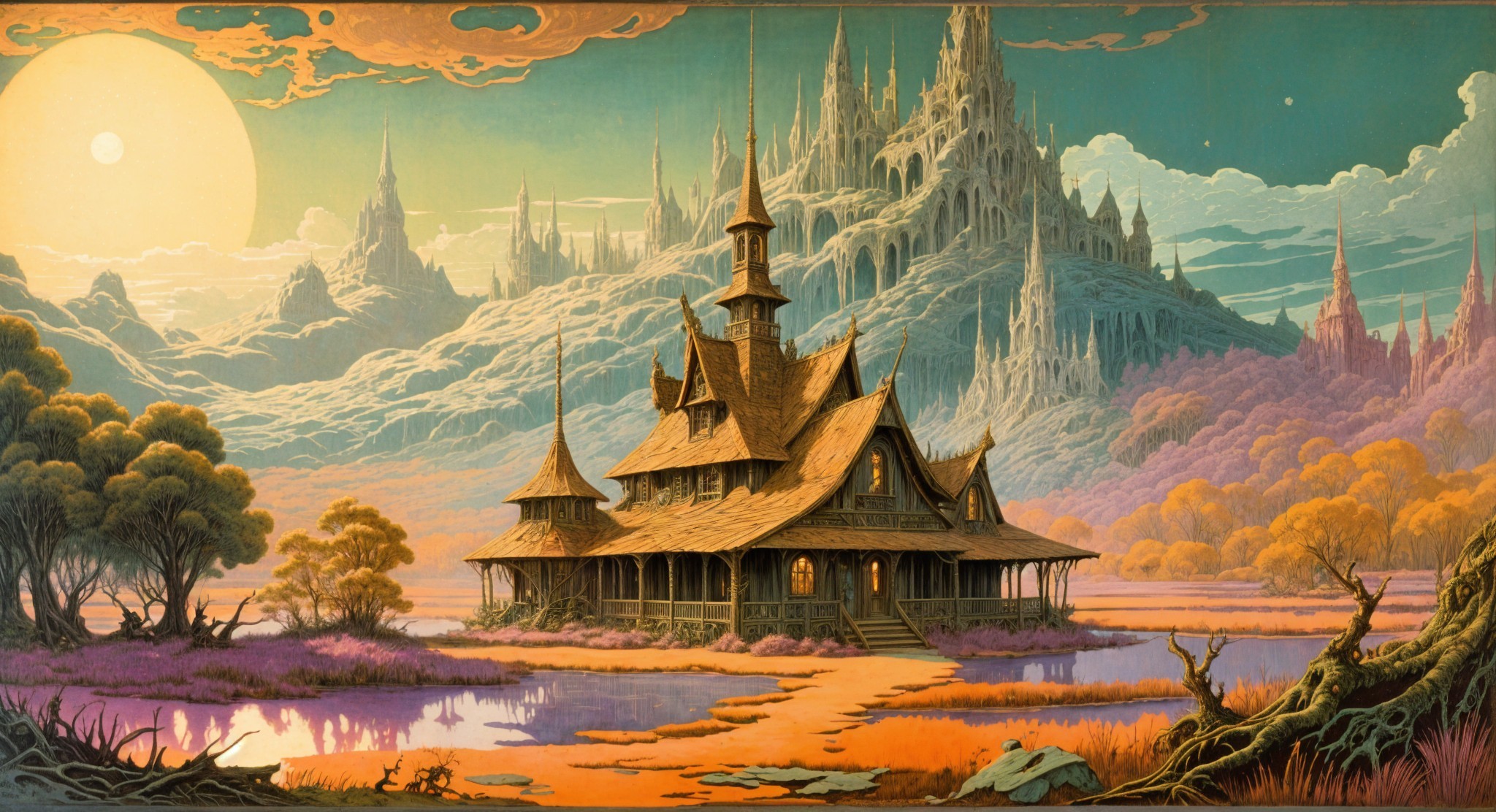 Whimsical Landscape with Cottage and Ethereal Mountains