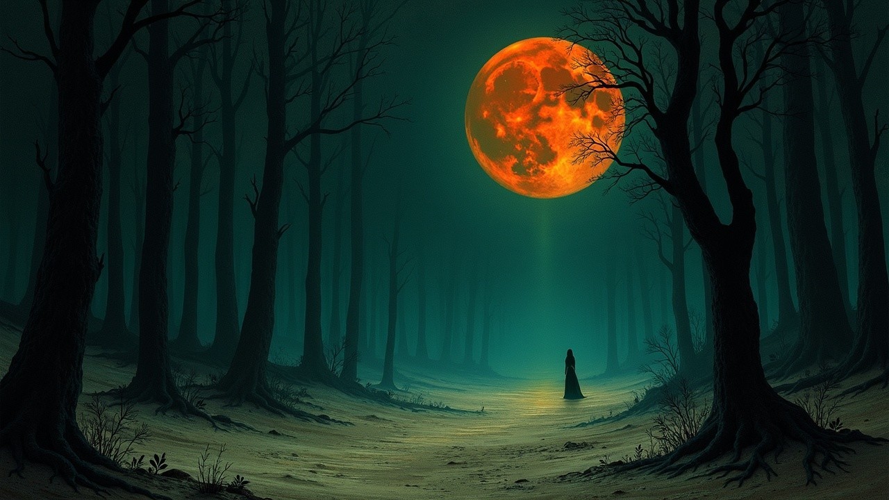 Eerie Forest with Shadowy Trees and Full Moon