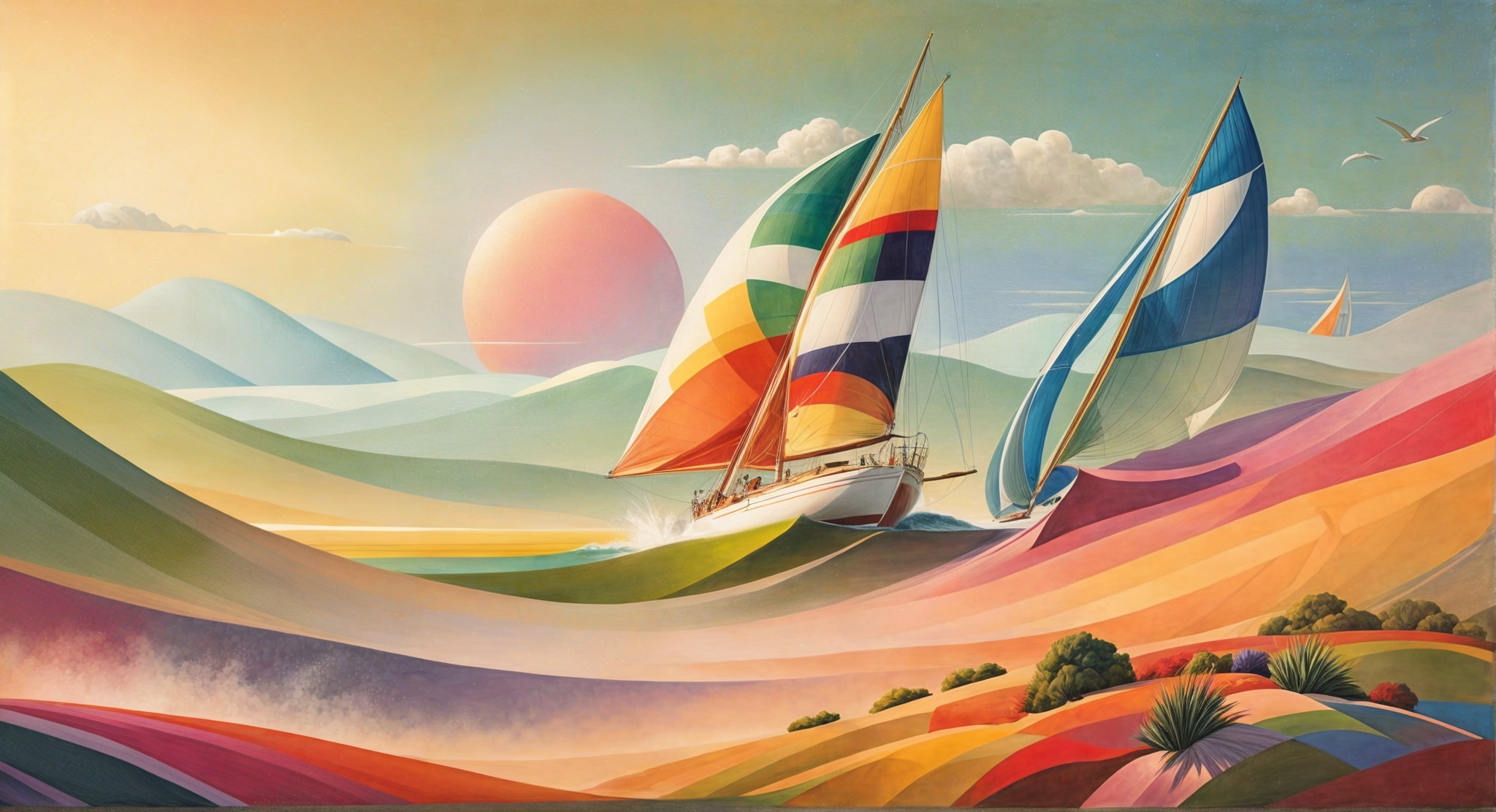 Vibrant seascape with sailboats and pastel hills
