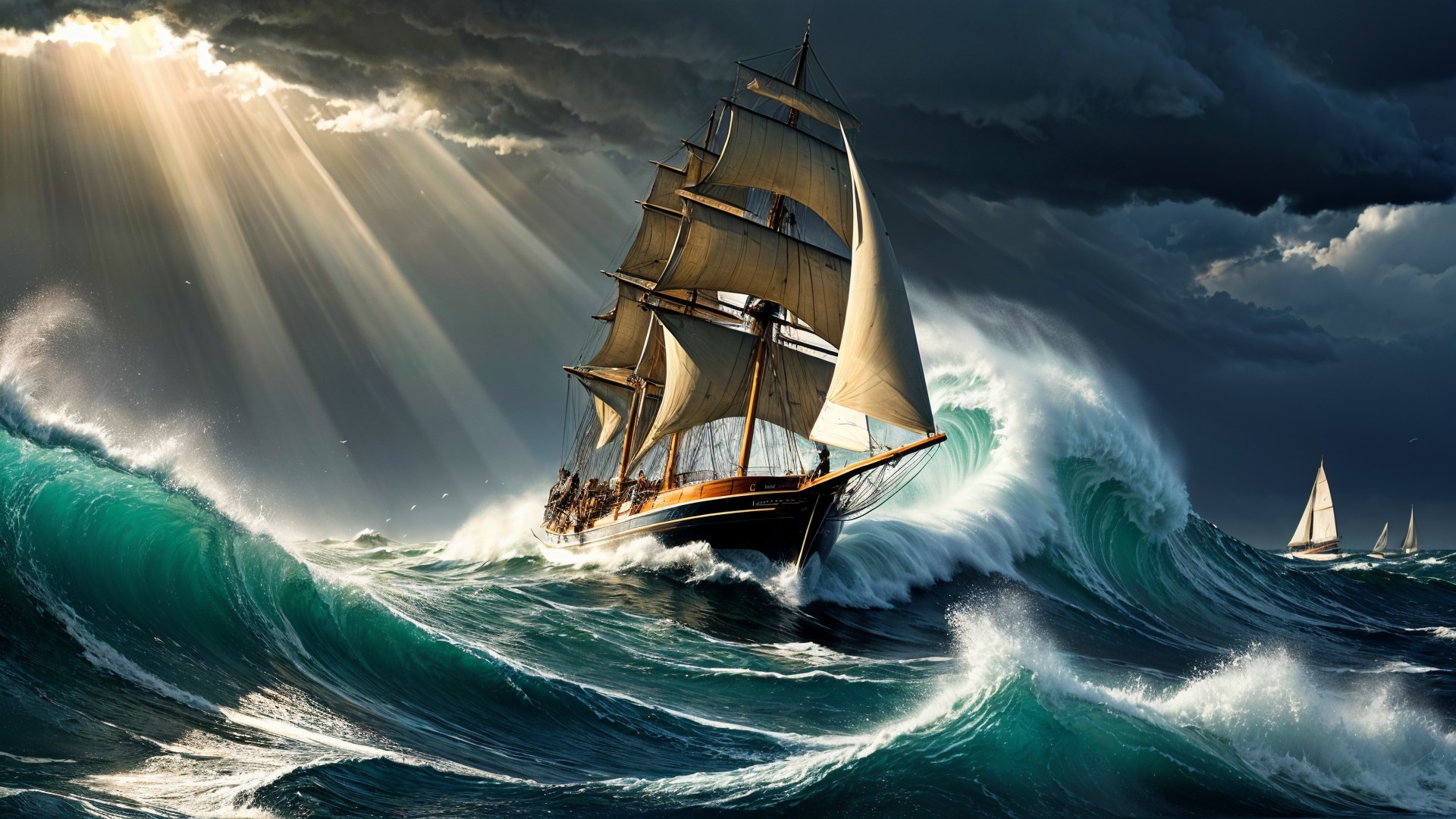 Tall Ship Navigating Turbulent Ocean Waves