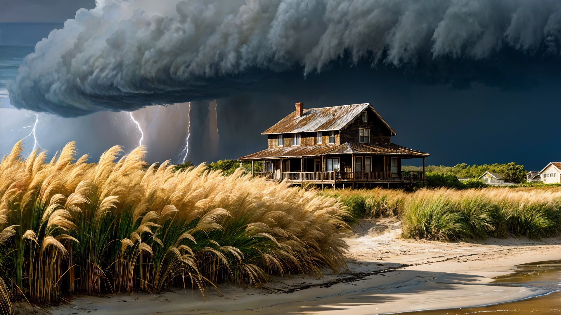 Weathered House on Shore with Stormy Sky and Grasses