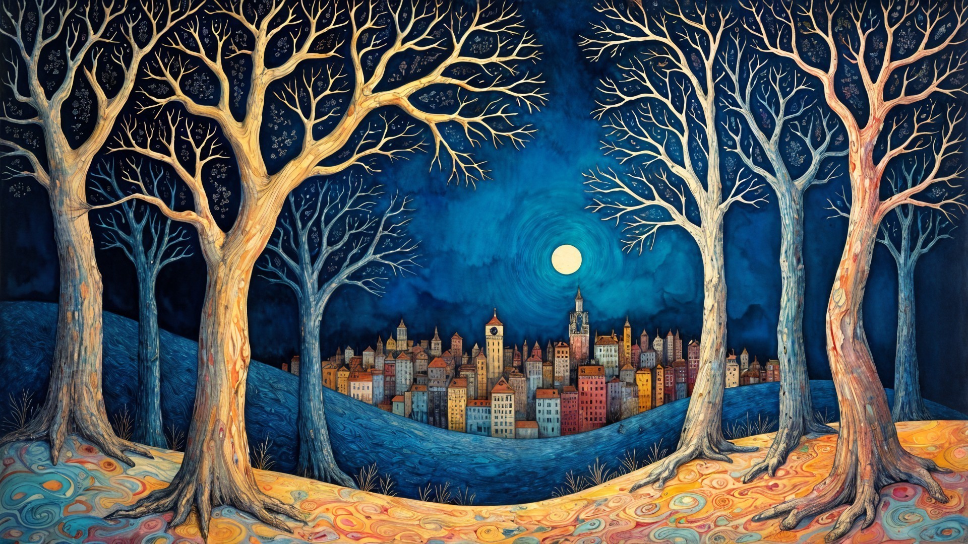 Whimsical Landscape with Twisting Trees and Moonlight