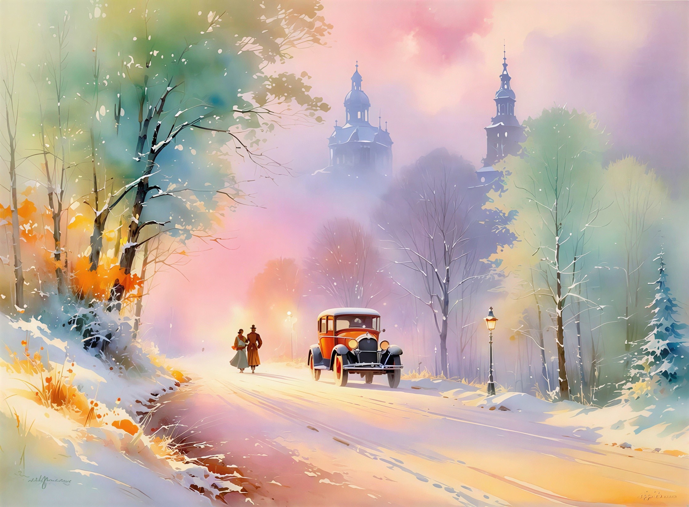 Watercolor Winter Scene with Snowy Road and Sedan