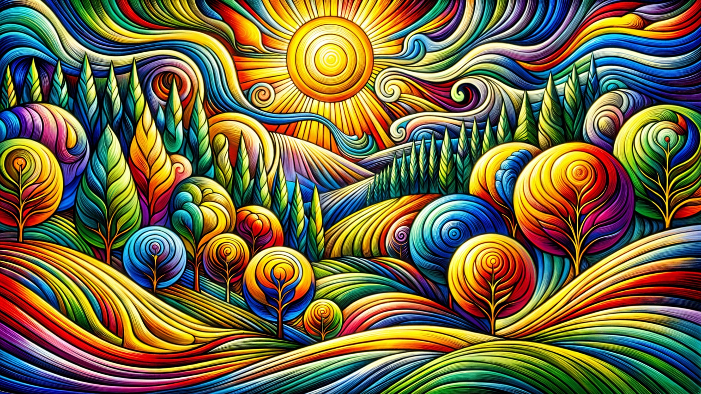 Vibrant Landscape with Swirling Colors and Shapes
