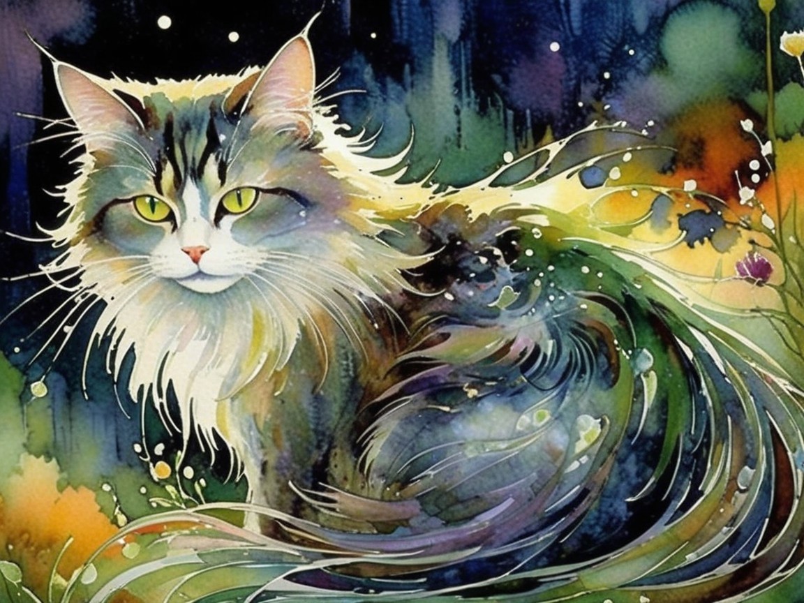 Whimsical Watercolor Painting of a Majestic Cat