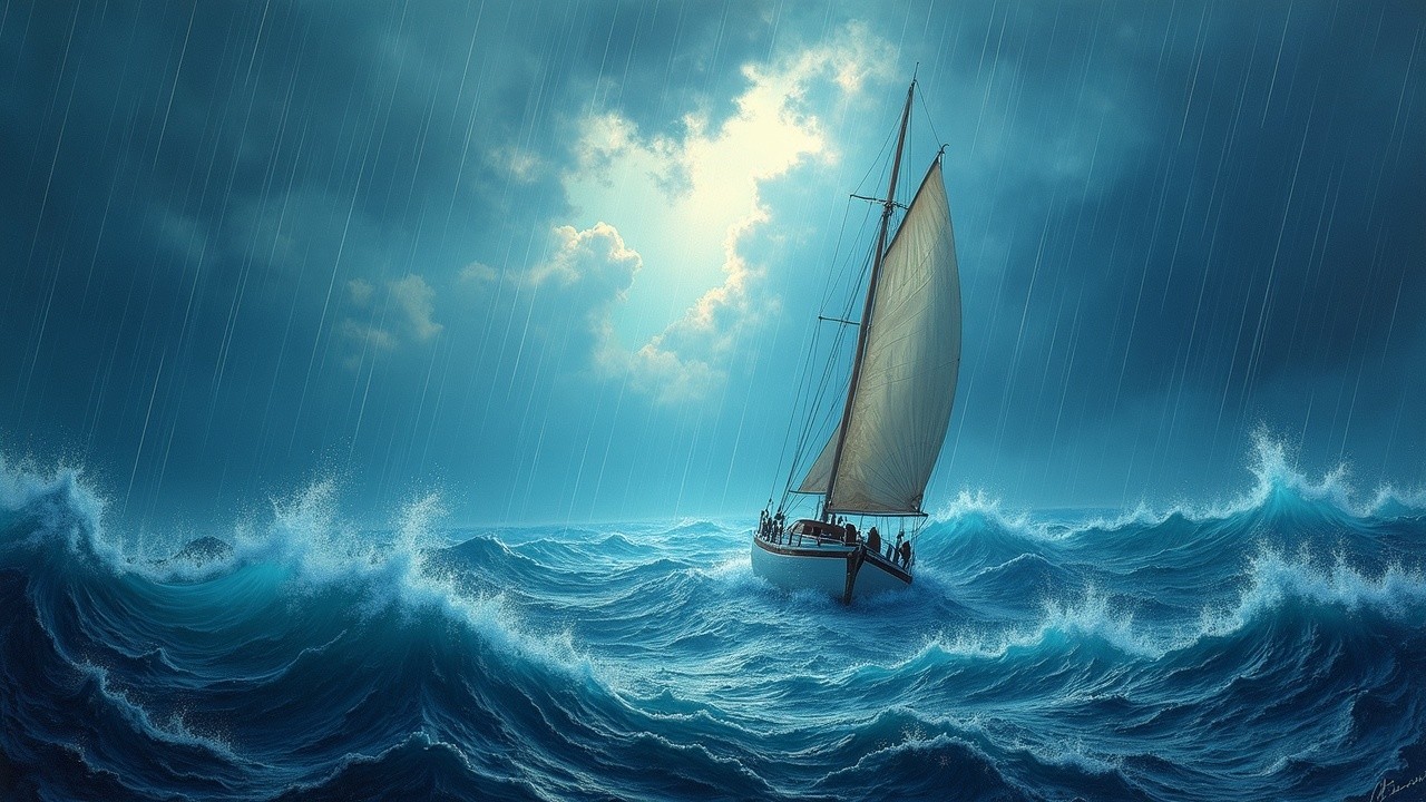 Sailboat Navigating Turbulent Seas Under Dramatic Sky
