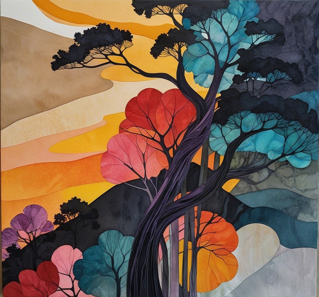 Vibrant Abstract Landscape with Stylized Trees