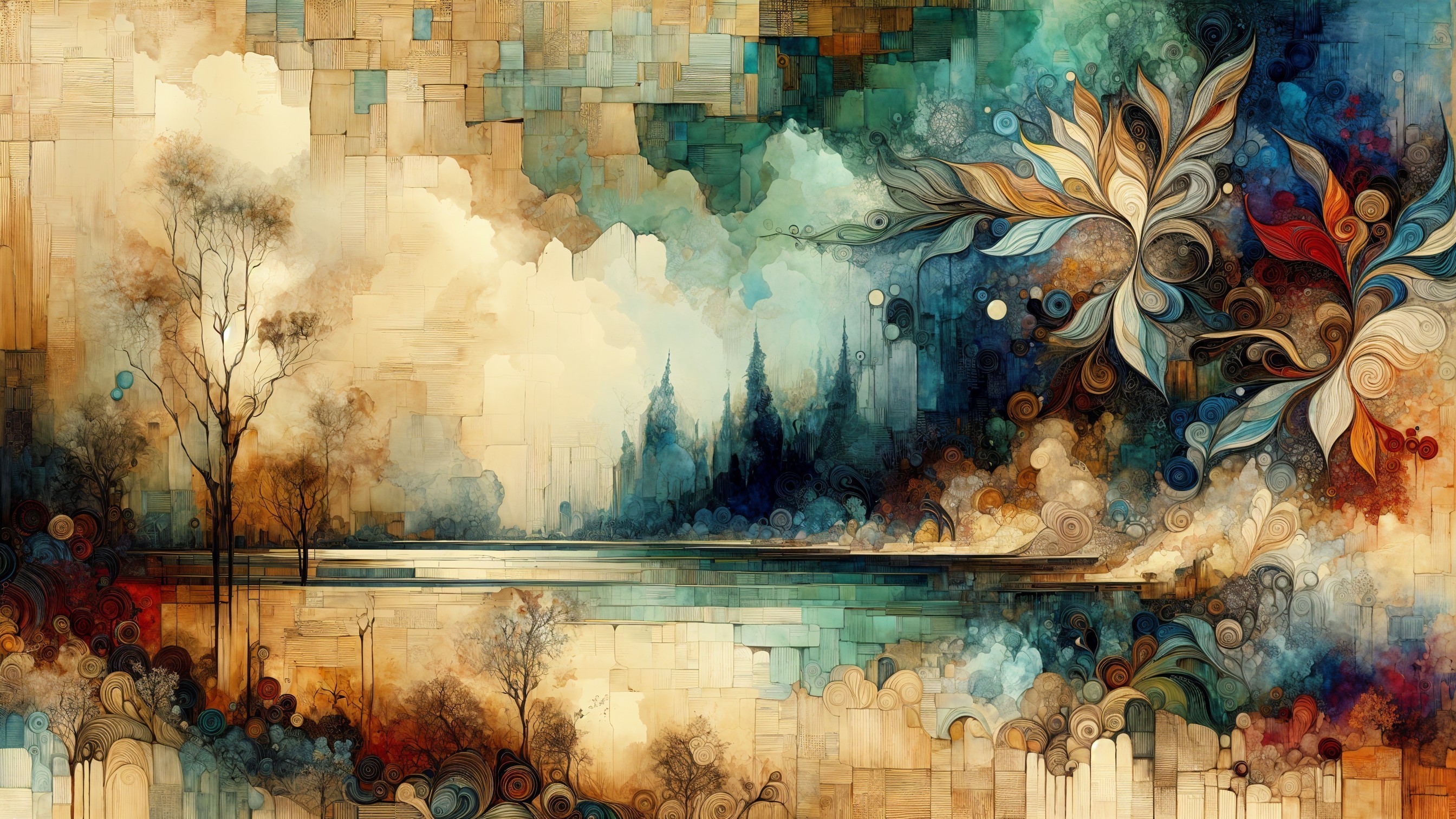 Abstract Landscape with Swirling Shapes and Colors