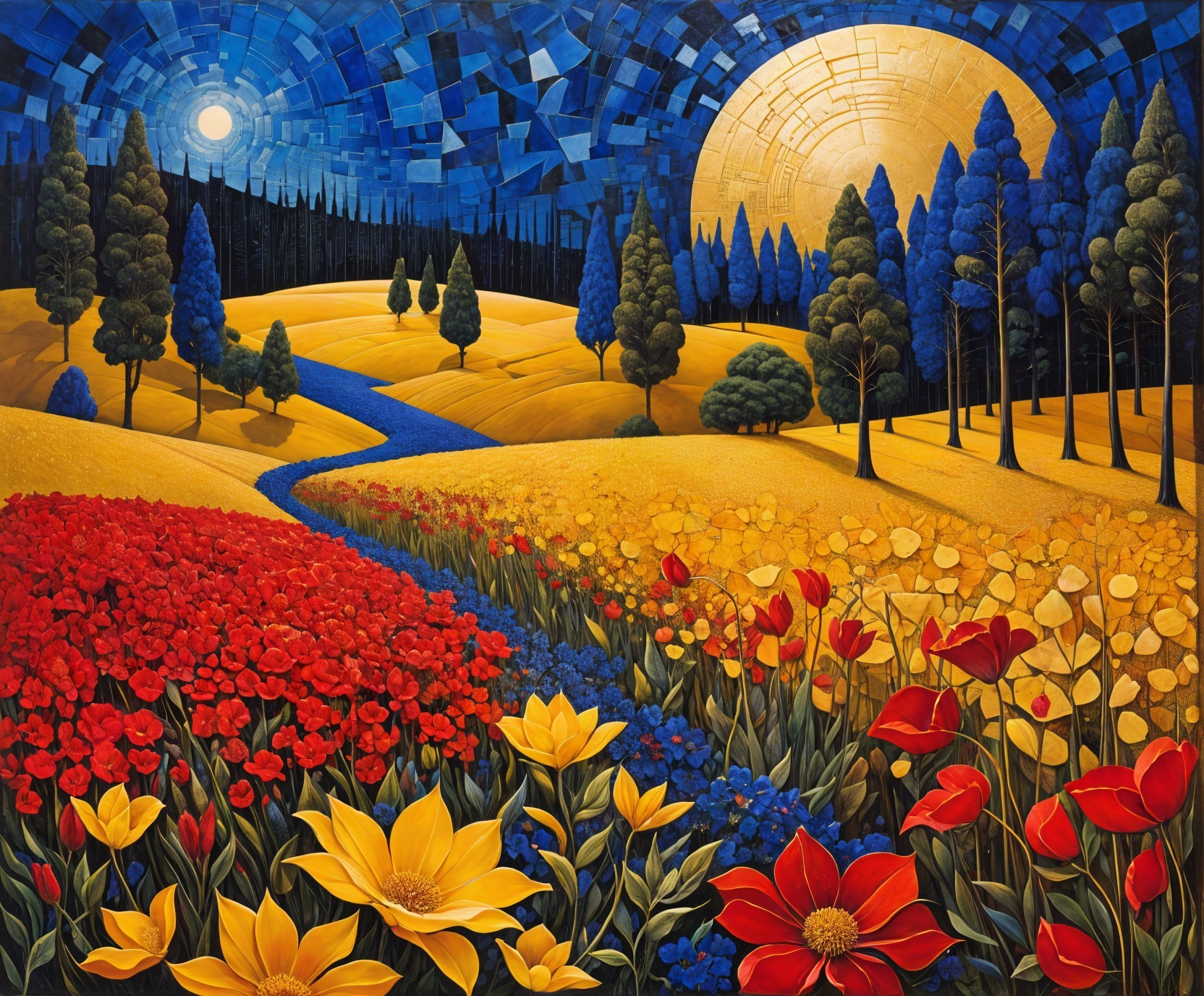 Vibrant Landscape with Colorful Flower Fields and River
