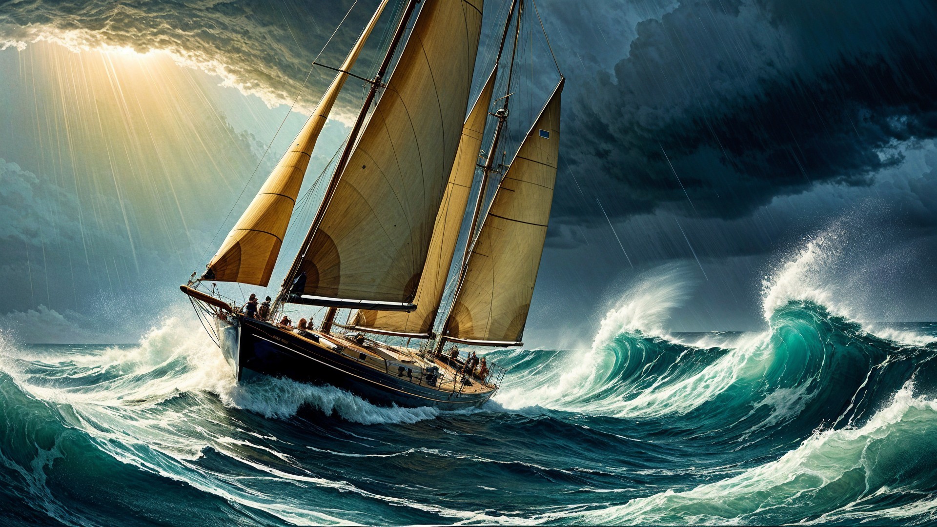 Majestic sailing ship navigating tumultuous ocean waves