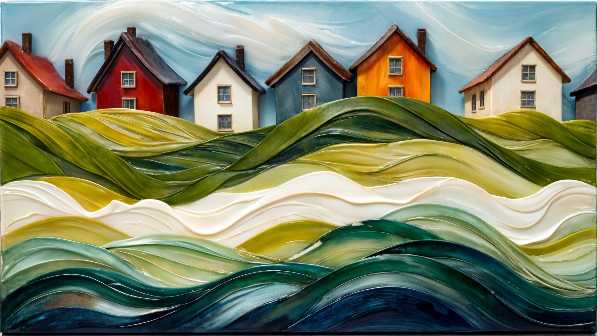 Vibrant Coastal Landscape with Textured Waves and Houses