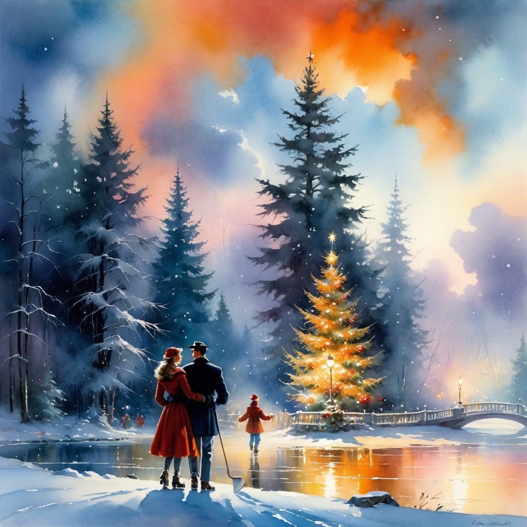 Watercolor of a snowy winter scene with a family