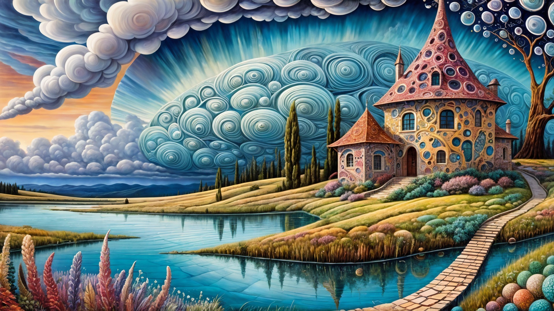 Whimsical Landscape with Colorful House and Lake