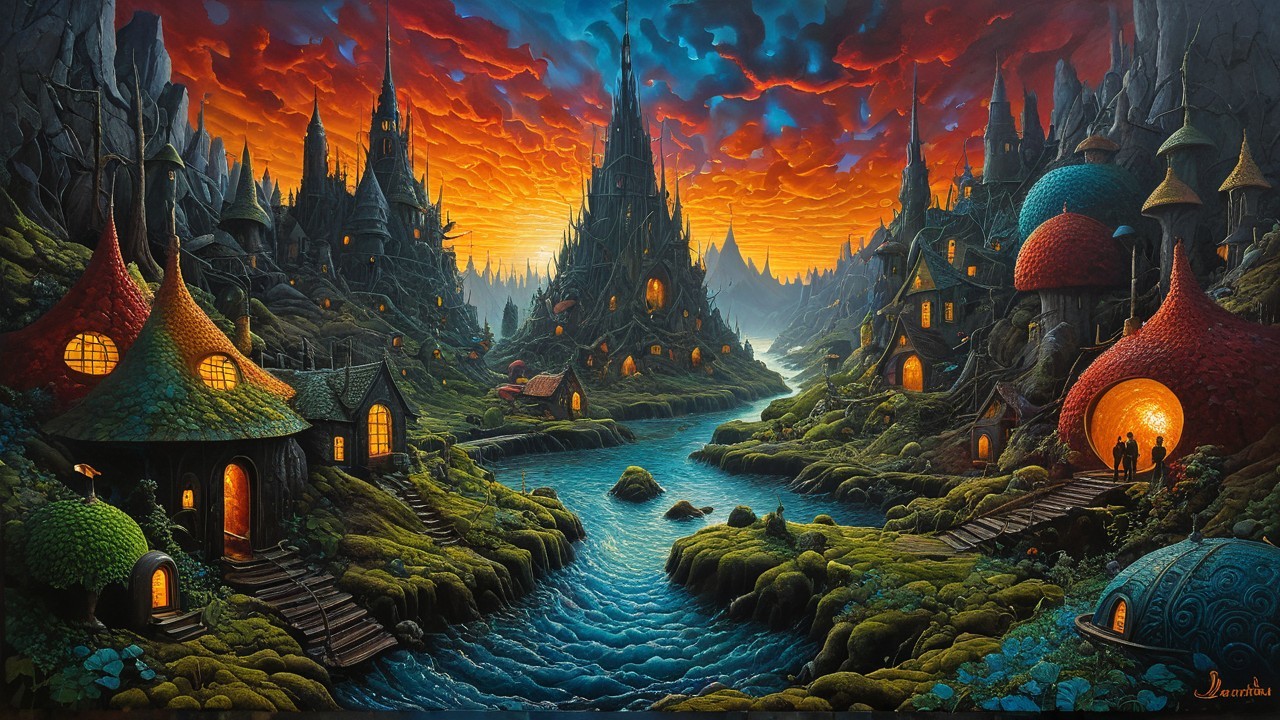 Vibrant Fantasy Landscape with Mushroom Houses and River