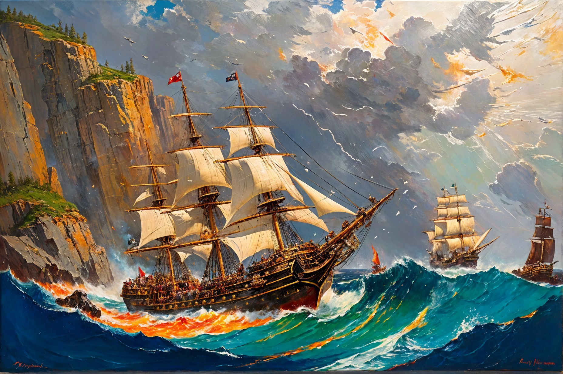 Tall Ship Navigating Turbulent Waves and Dramatic Sky