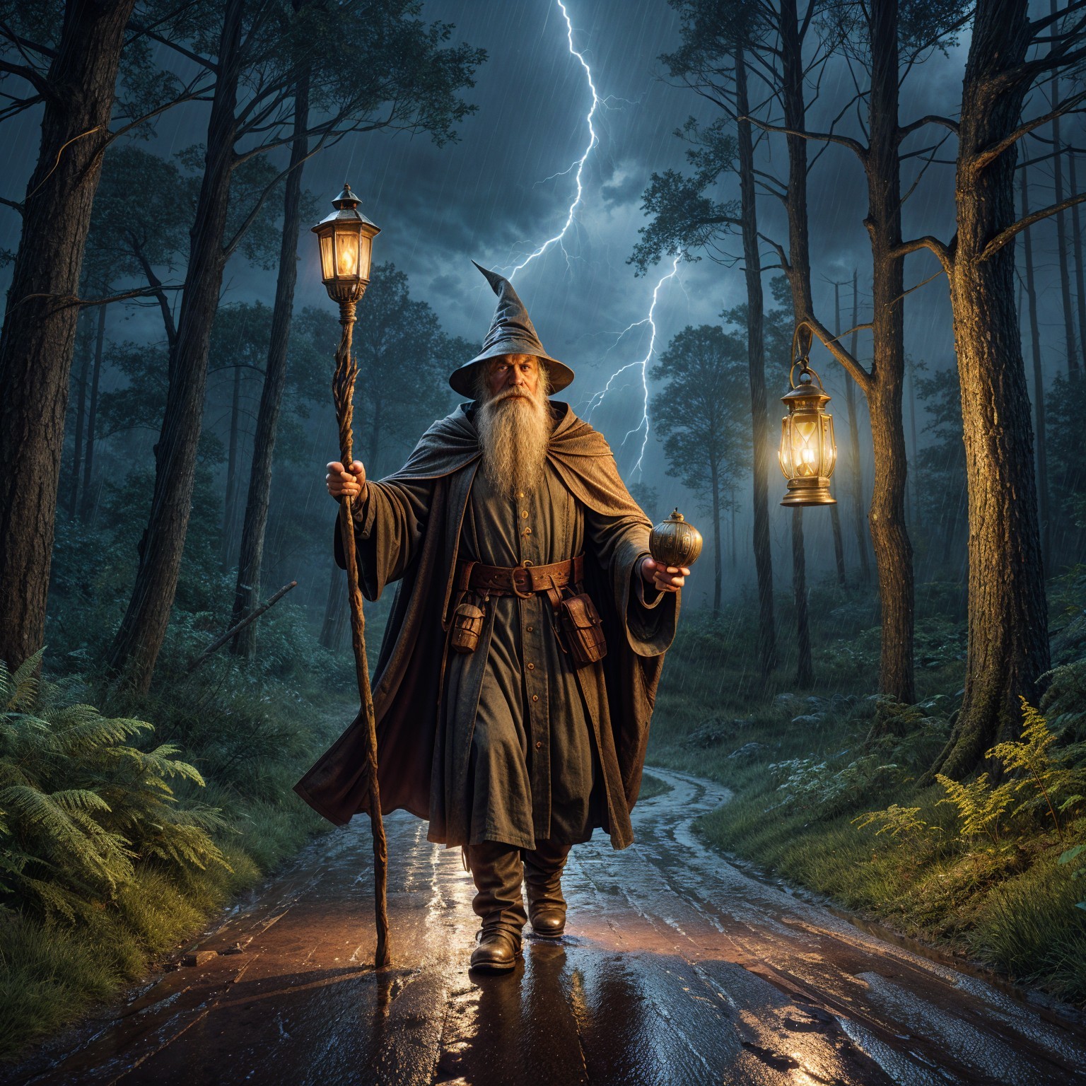 Wizard in Enchanted Forest with Lantern and Orb