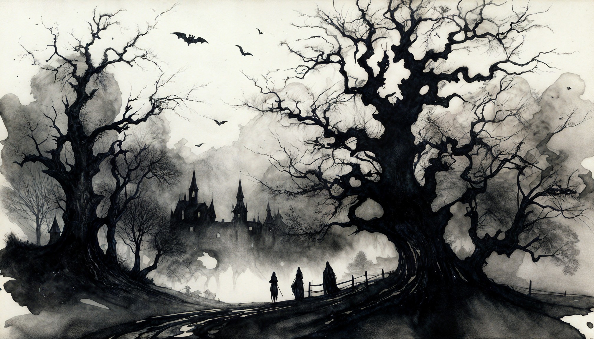 Monochromatic Landscape with Twisted Trees and Castle