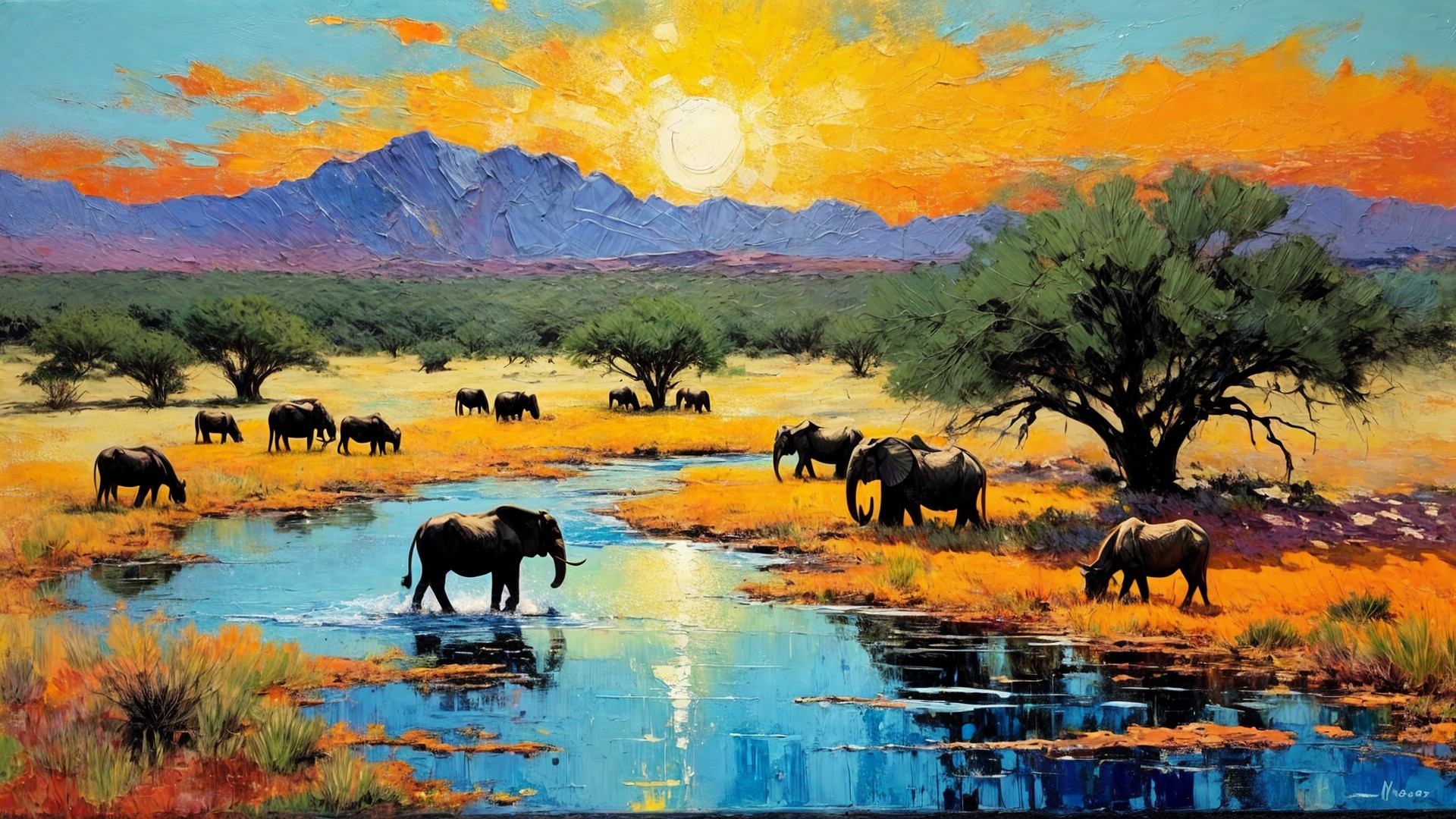 Vibrant Sunset Over African Landscape with Elephants