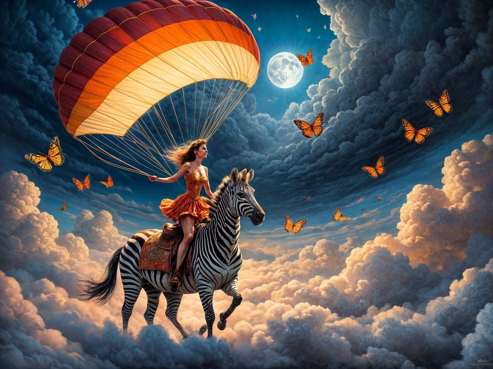 Woman in Orange Dress Parachuting with Zebra and Butterflies