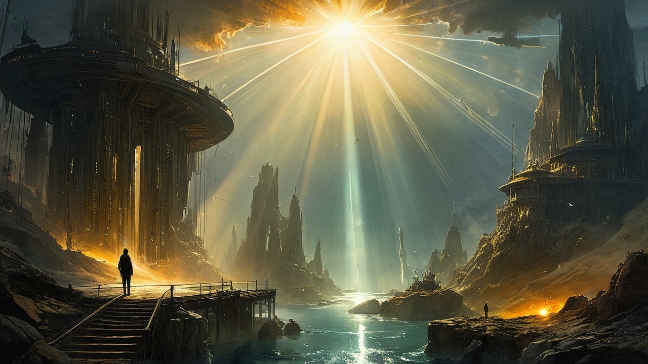 Futuristic landscape with illuminated structures and water