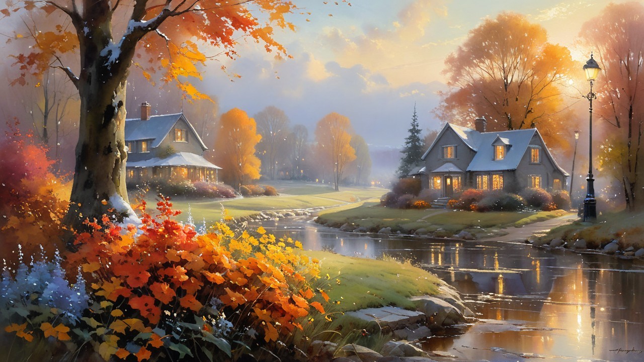 Autumn Landscape with Houses and Flowing River