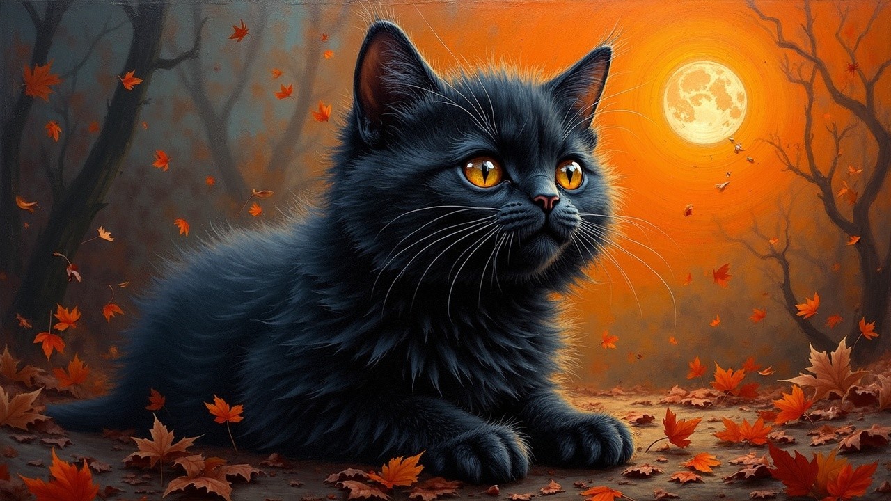 Fluffy Black Cat Among Autumn Leaves Under Moonlight
