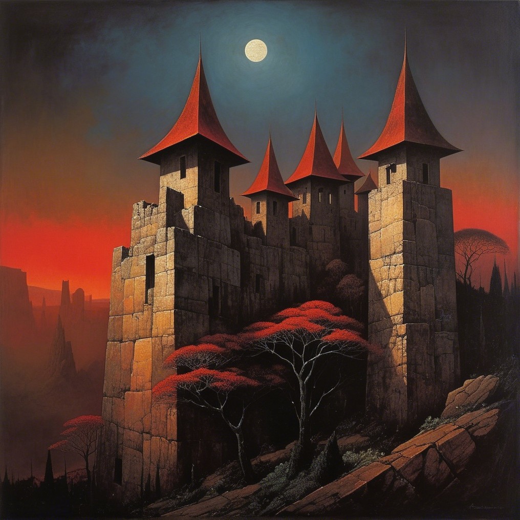 Mysterious Castle Landscape Under Full Moonlight
