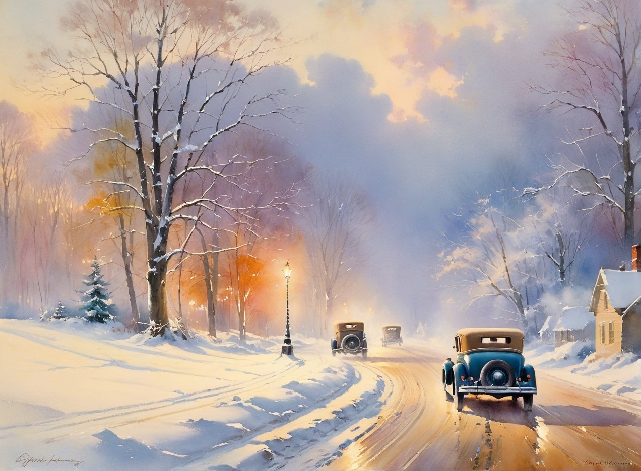 Watercolor Winter Landscape with Vintage Cars and Lamp