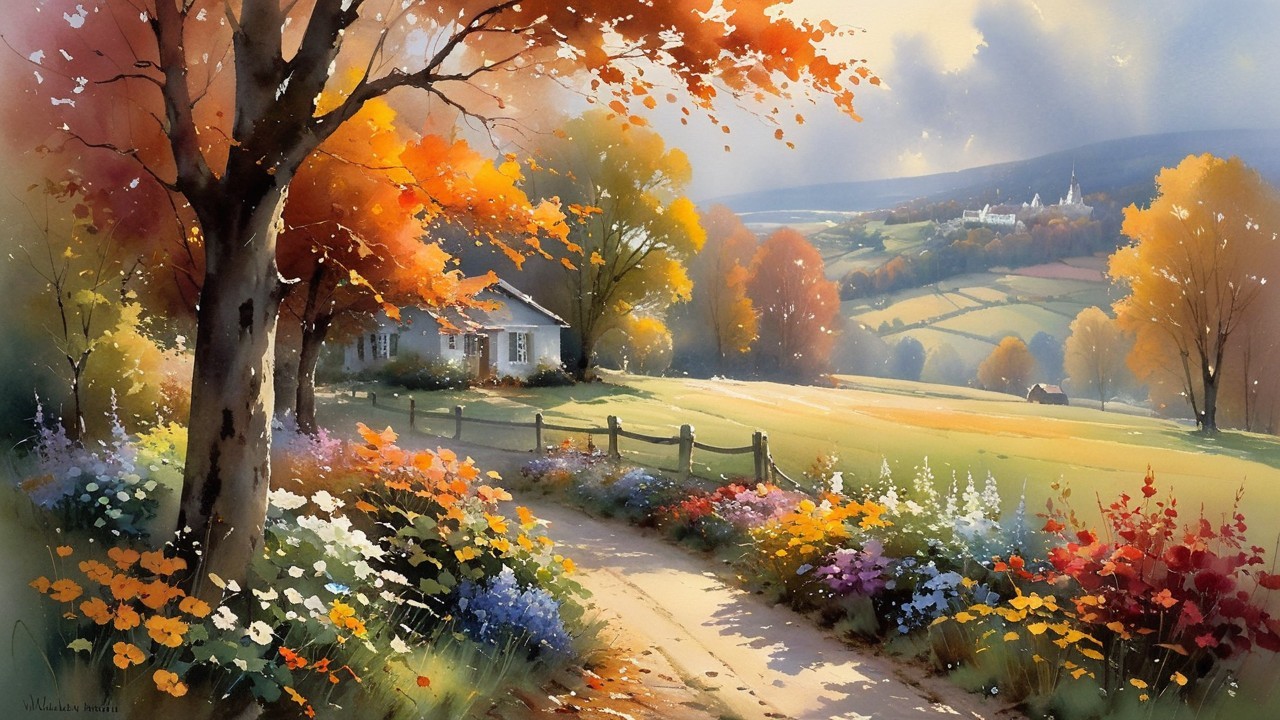 Autumn Landscape with House and Vibrant Trees
