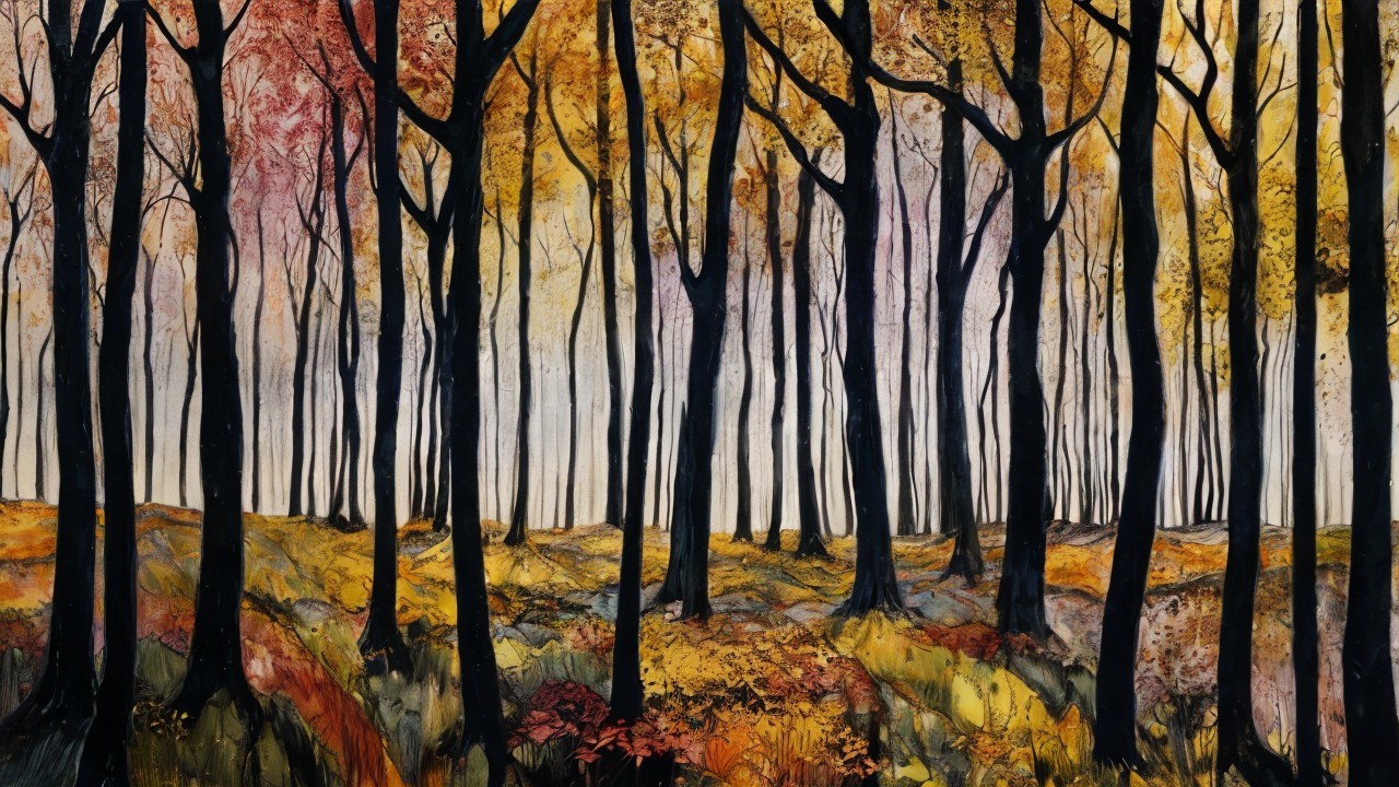 Autumn Forest Scene with Colorful Foliage and Trees