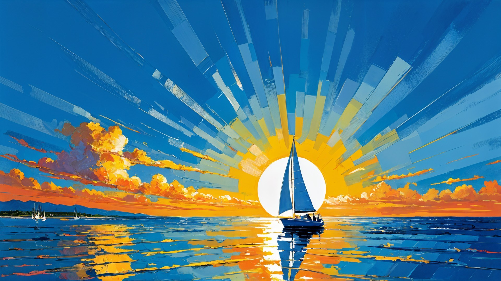 Vibrant Sunset Over Calm Sea with Sailboat Silhouette