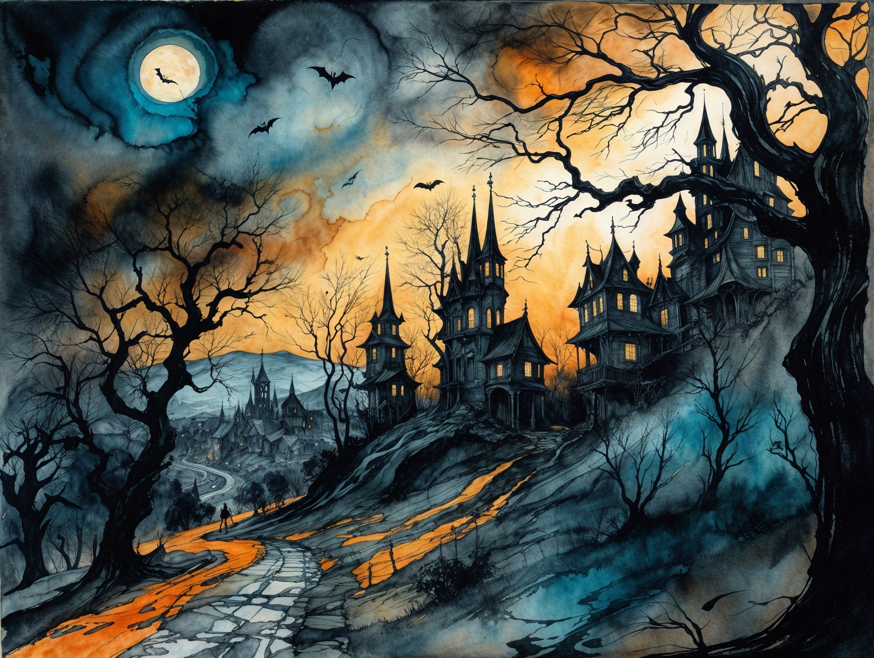 Haunting Landscape with Dark Castles and Misty Hills