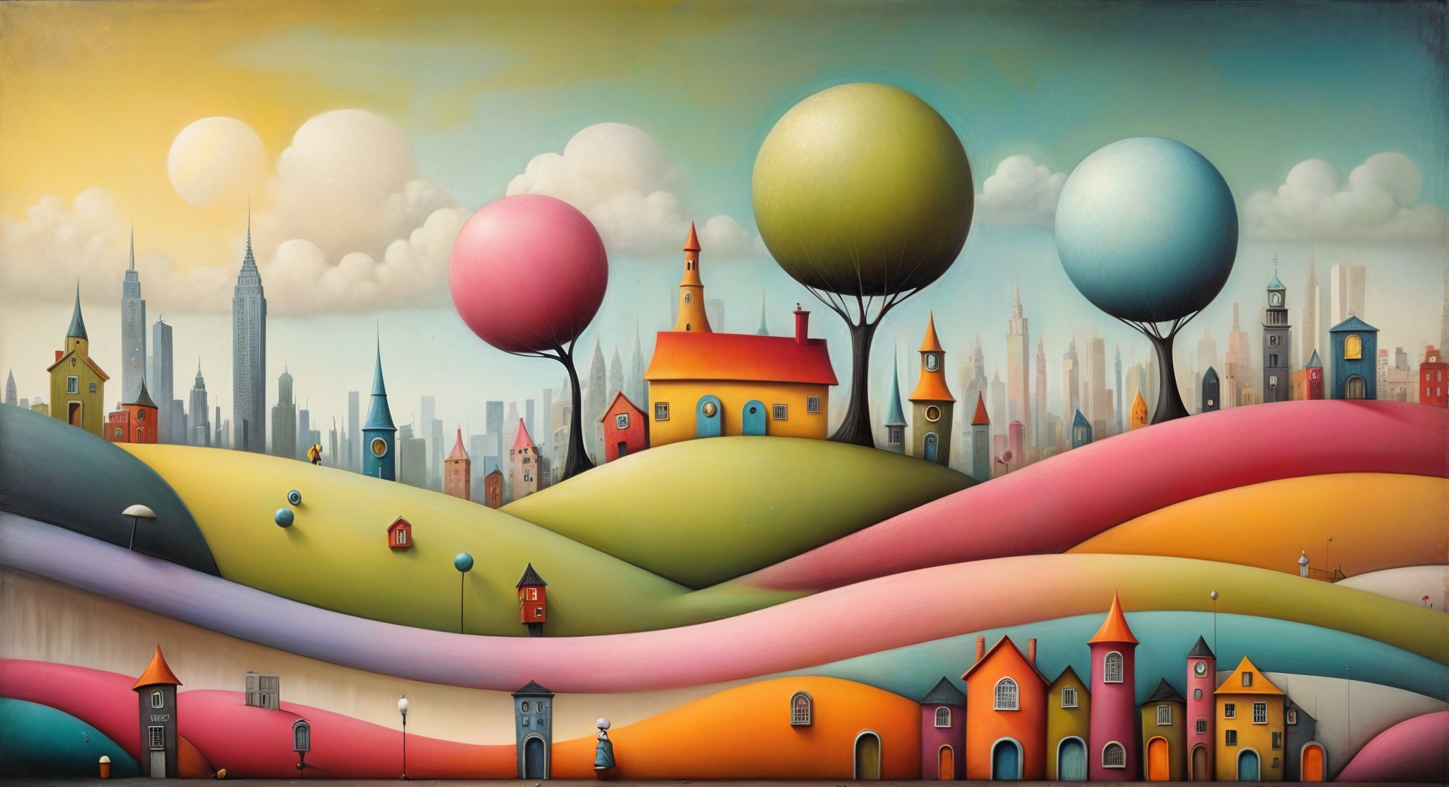 Whimsical Landscape with Colorful Trees and Houses