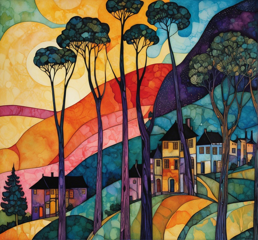 Vibrant Landscape with Winding Hills and Trees