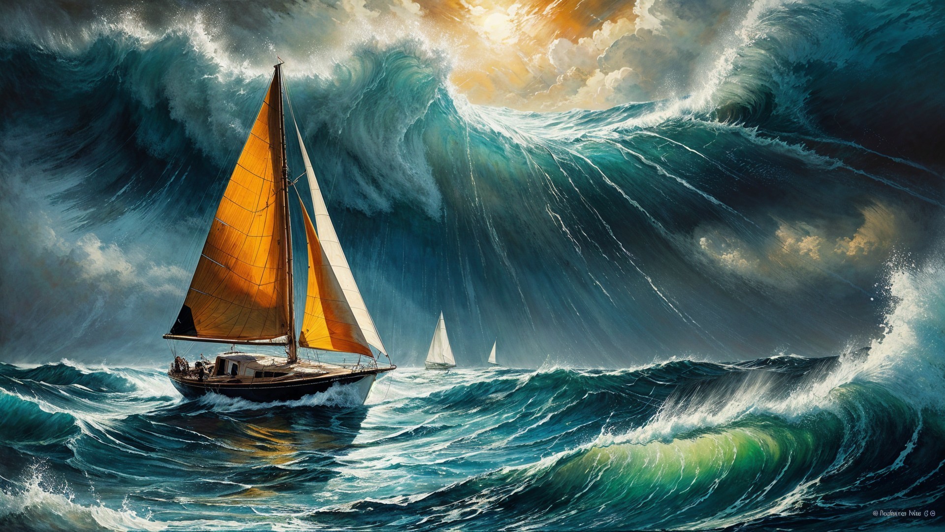 Dramatic Sailboat Scene on Turbulent Open Sea