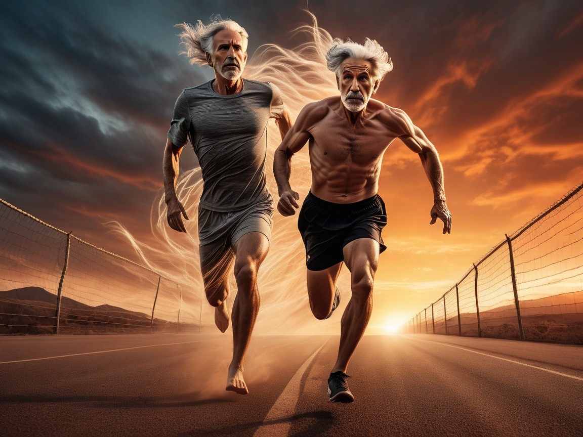 Elderly Men Running at Sunset on an Empty Road