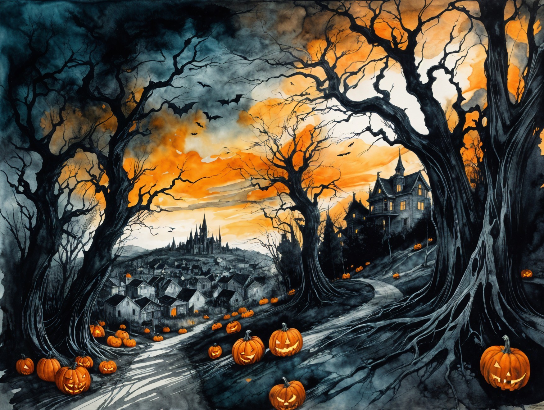 Spooky Autumn Landscape with Halloween Elements