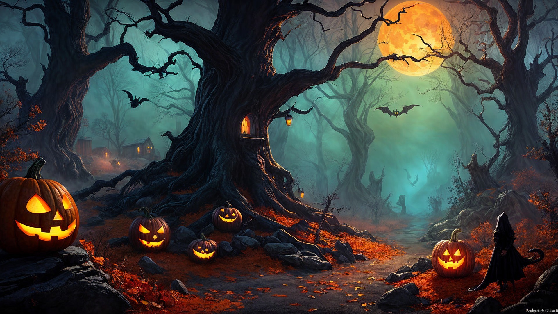 Moonlit Forest Scene with Halloween Elements