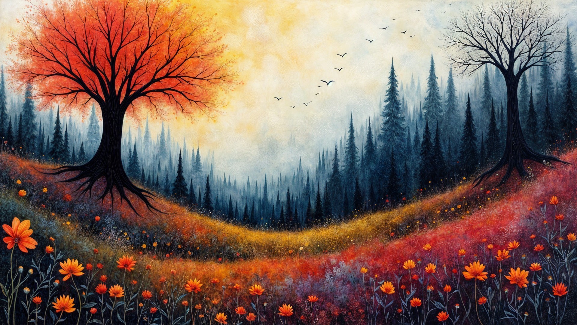 Vibrant Landscape with Colorful Trees and Misty Forest