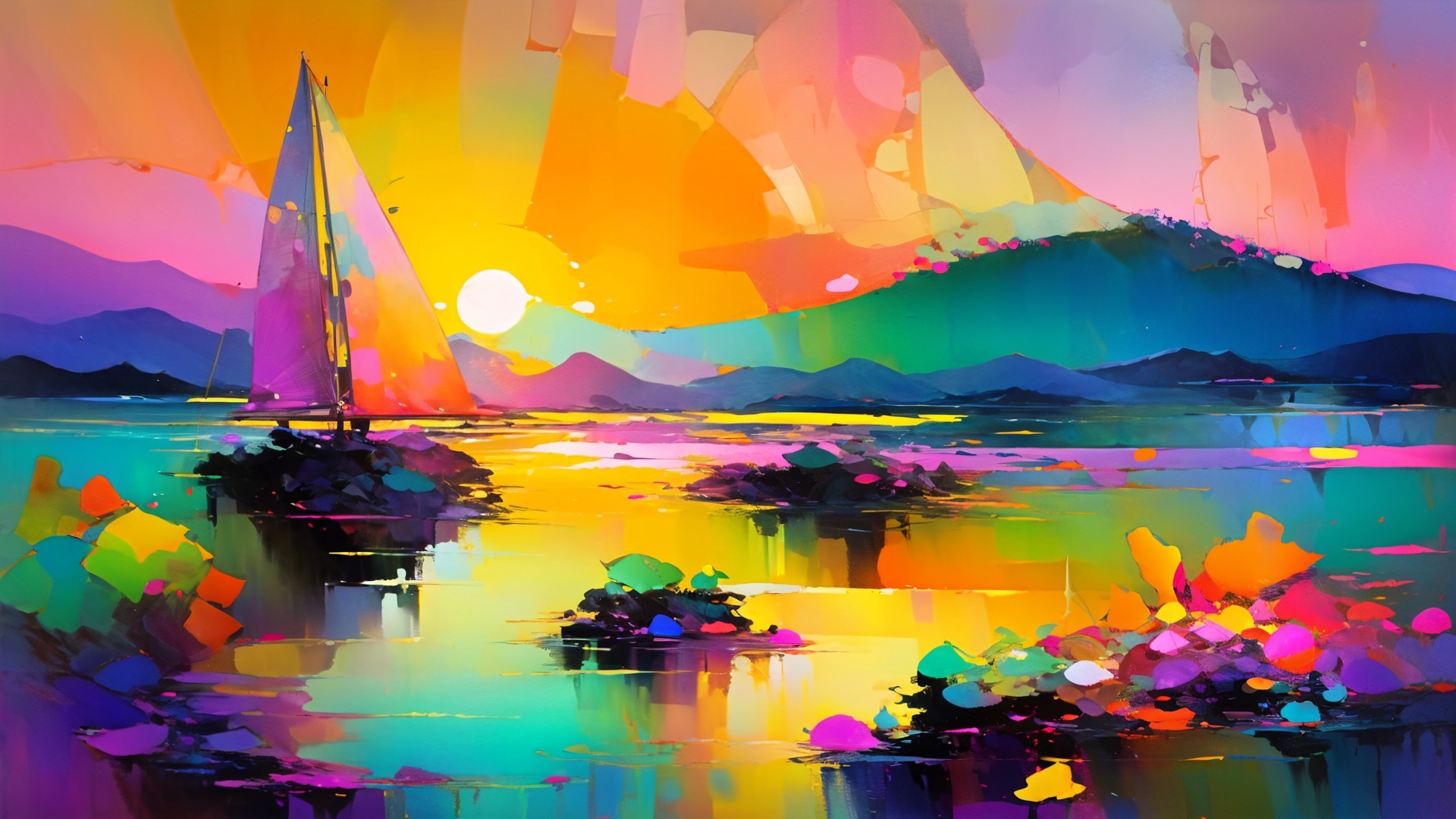 Colorful Sunset Reflections on Water with Sailboat