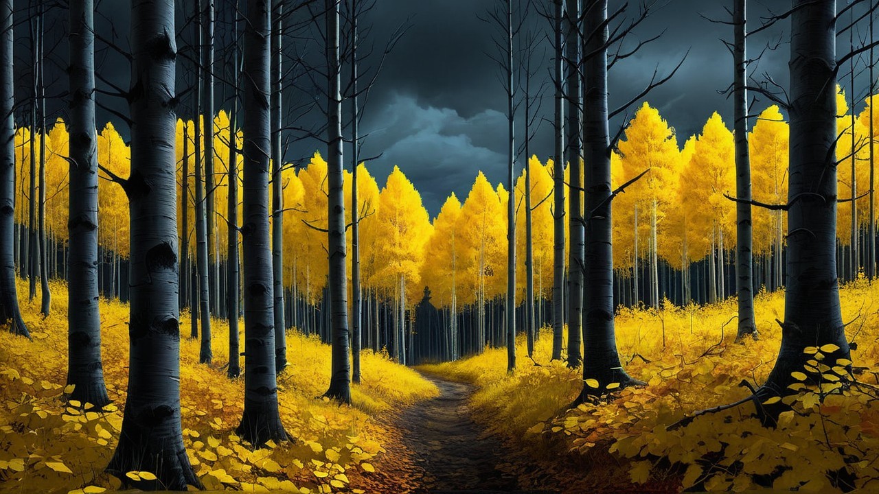Vibrant Yellow Trees in a Serene Forest Scene