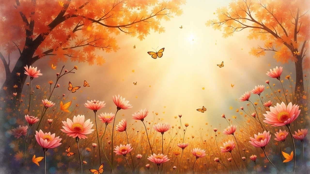 Serene Landscape with Pink Flowers and Autumn Foliage